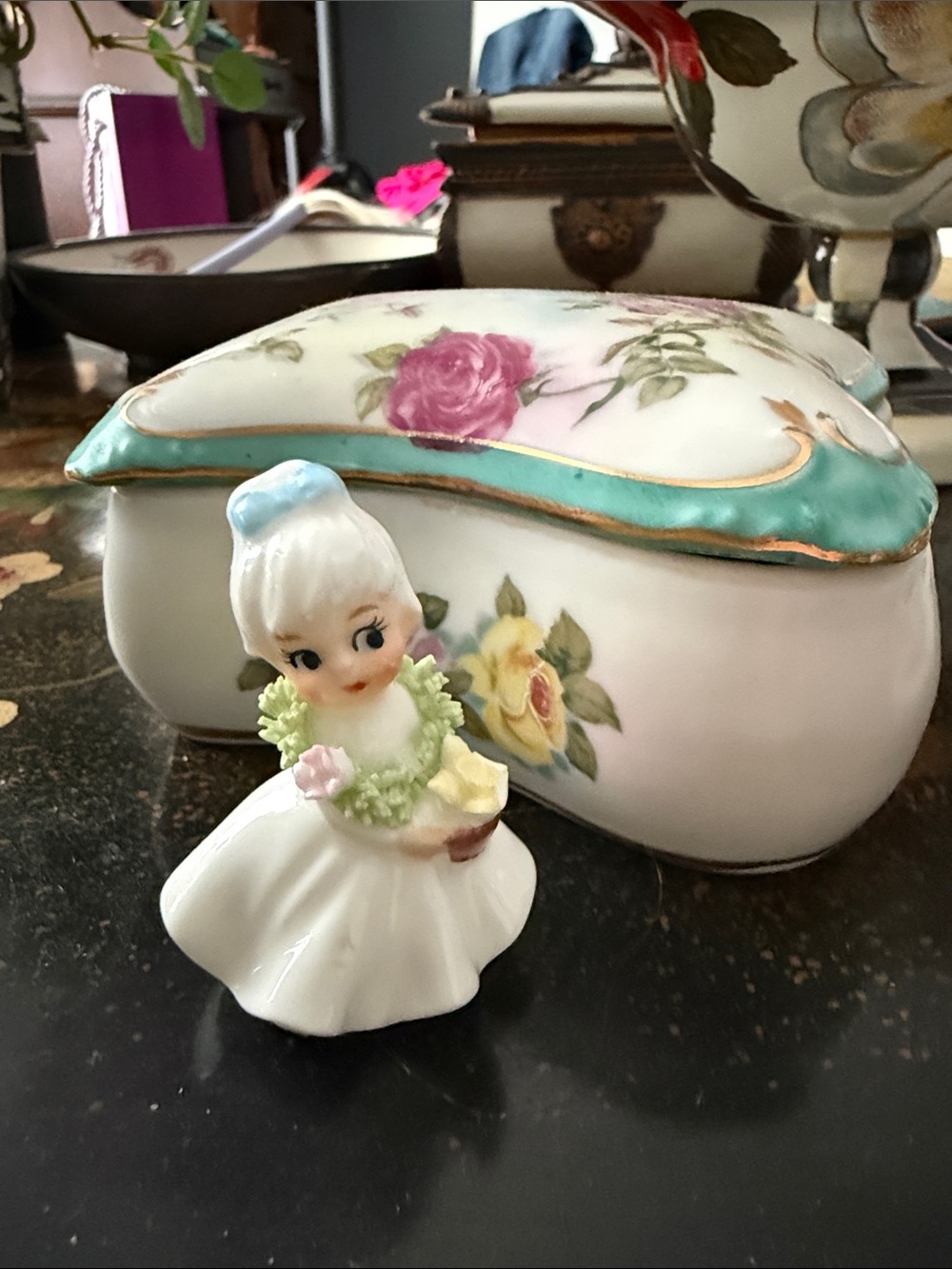 Vintage Bone China Flower Girl by Napco  Figurine Girl with Pastel Accents -